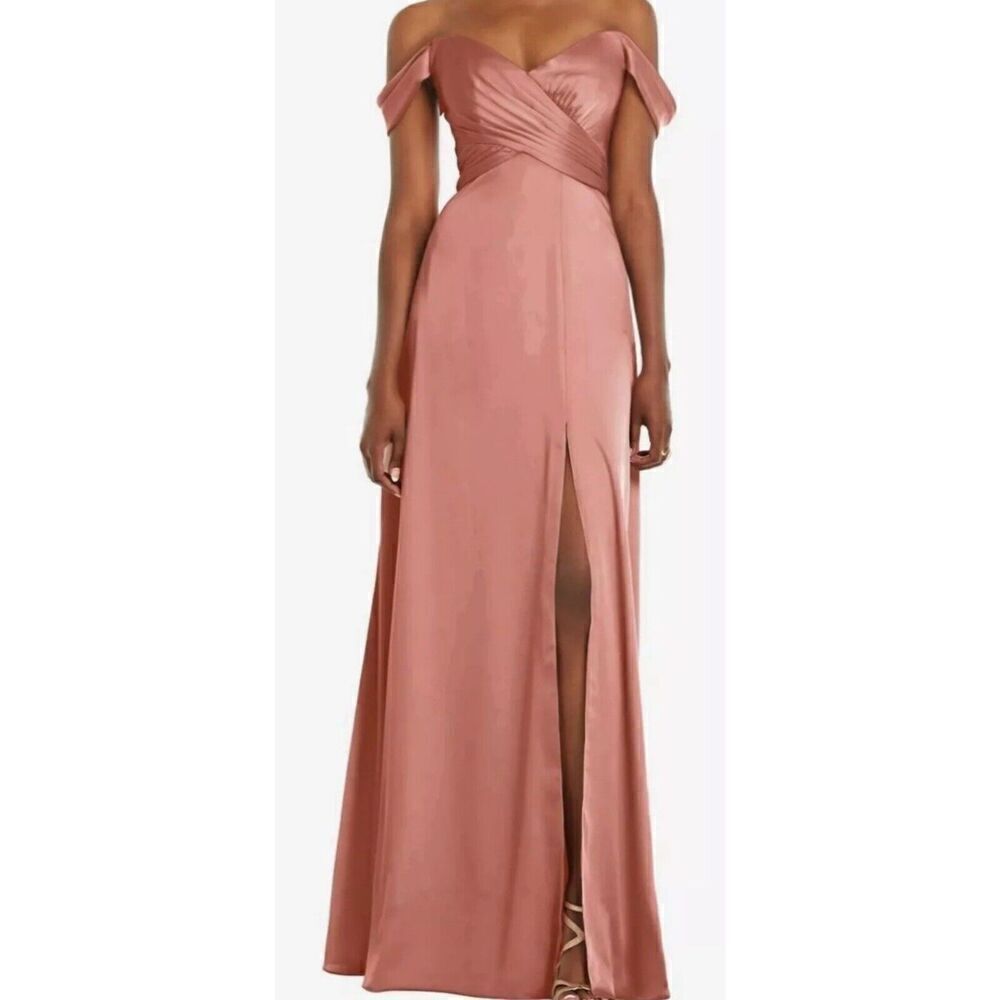 Dessy Collection Whisper Satin Off Shoulder Dessert Rose Dress. Size 14. 14